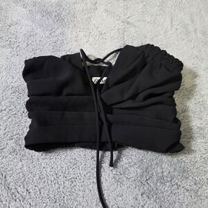 Zara Womens Small Crop Top Black Ruched Smocked Halter Tie Tube Top